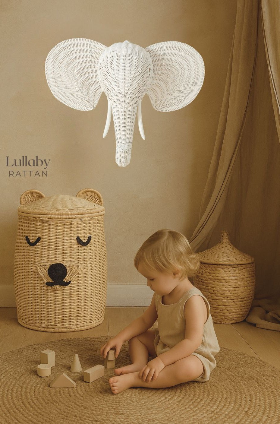 Rattan Elephant Wall Decor – Safari Nursery Wall Art | Boho Kids Room Animal Head | Handmade Natural Rattan Décor