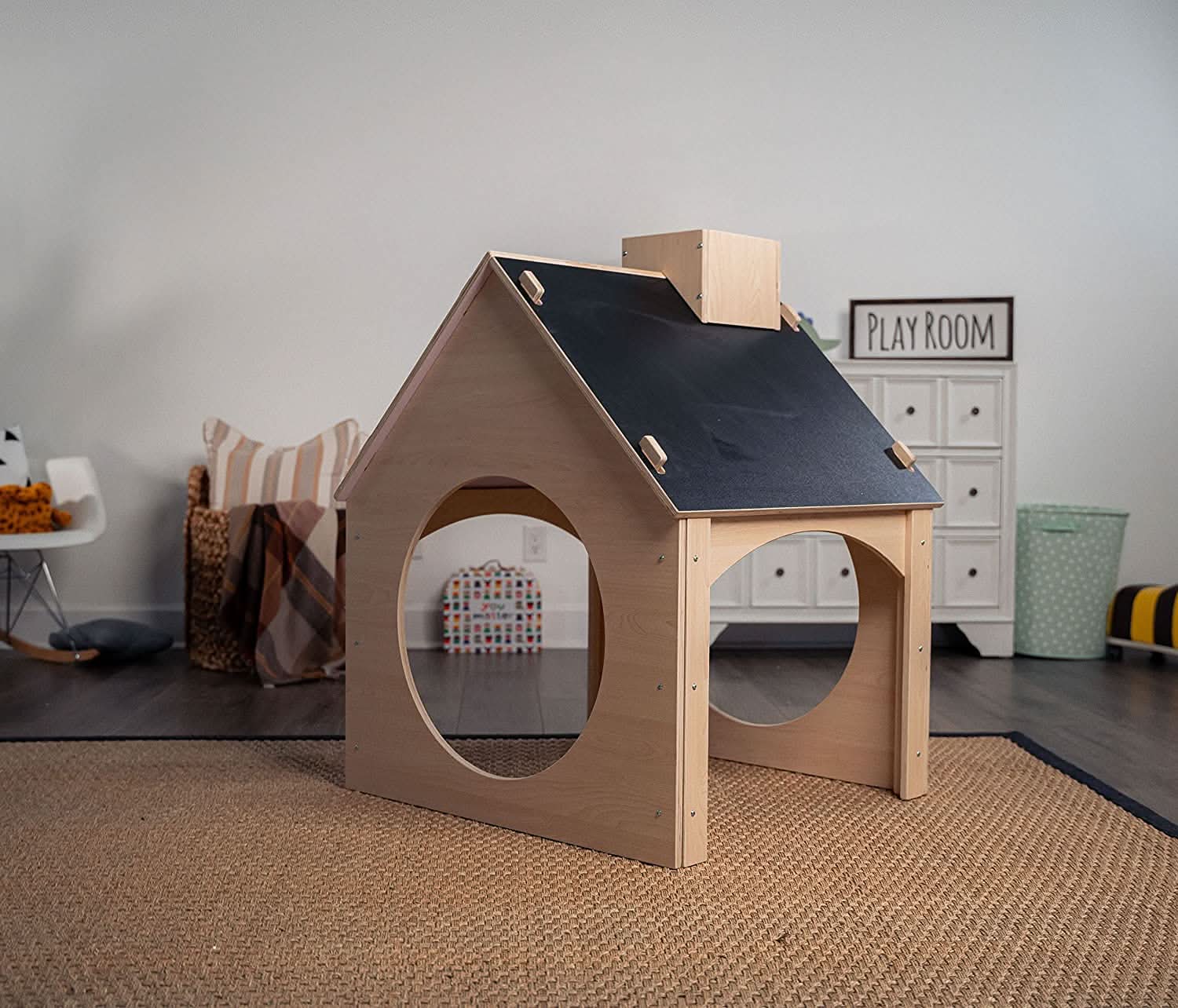 Evergreen wooden playhouse with chalkboard roof - The Nurturing Nook