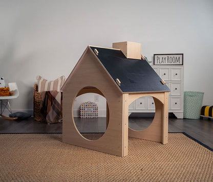 Evergreen wooden playhouse with chalkboard roof - The Nurturing Nook