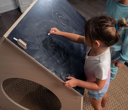 Evergreen wooden playhouse with chalkboard roof - The Nurturing Nook