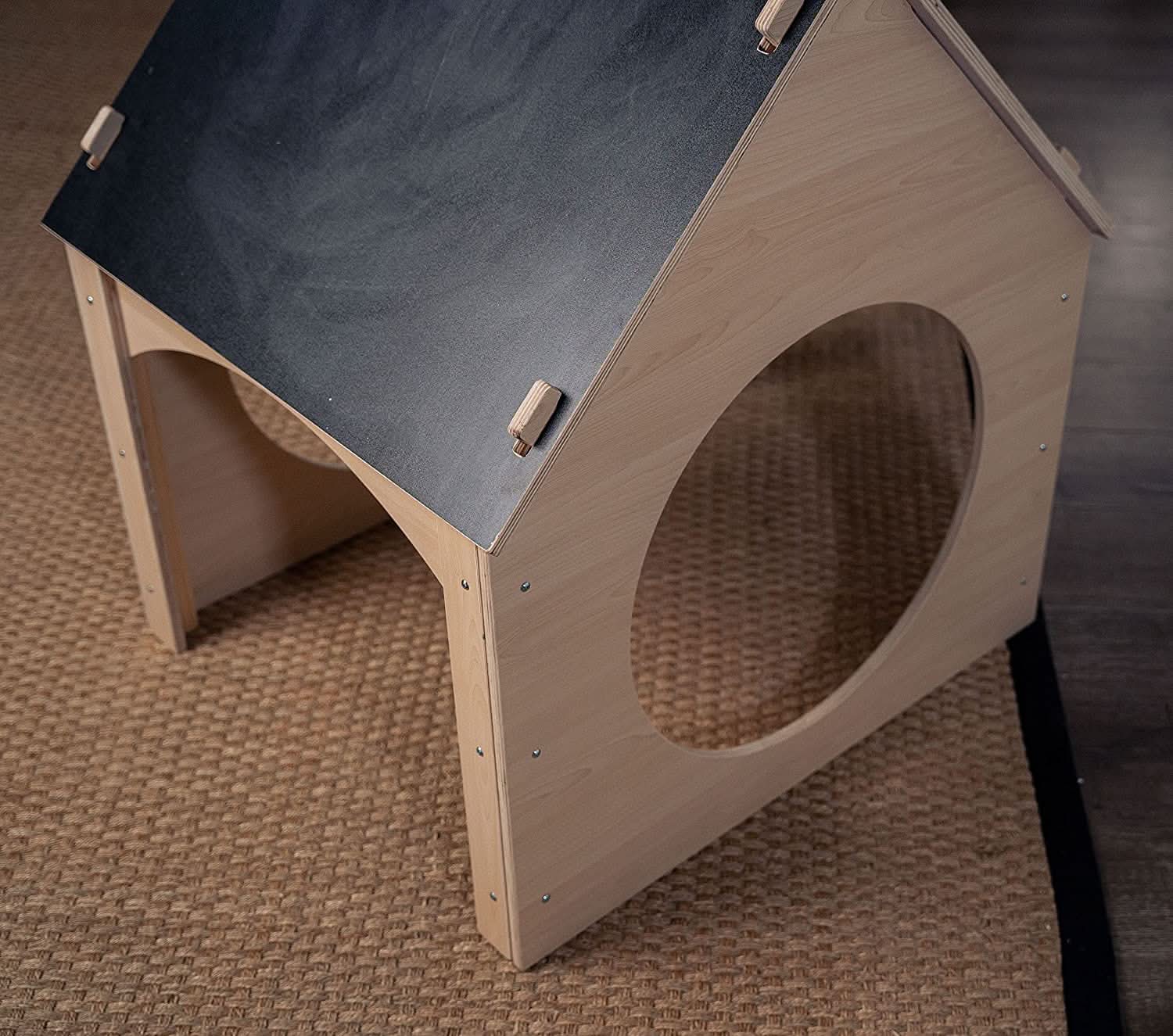 Evergreen wooden playhouse with chalkboard roof - The Nurturing Nook