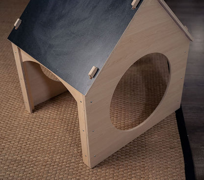 Evergreen wooden playhouse with chalkboard roof - The Nurturing Nook