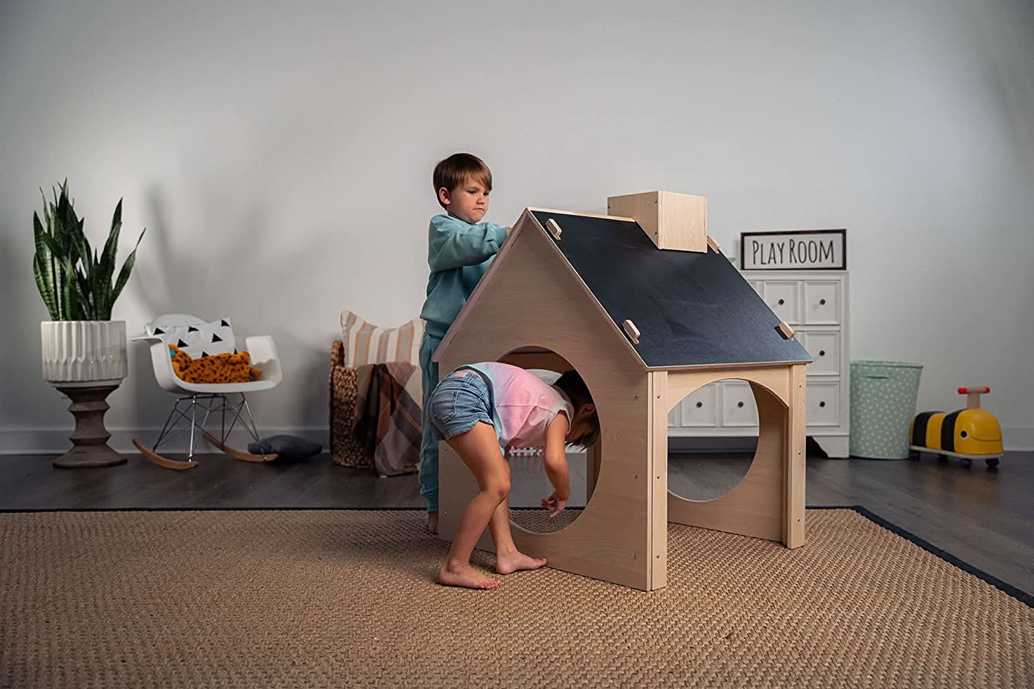 Evergreen wooden playhouse with chalkboard roof - The Nurturing Nook
