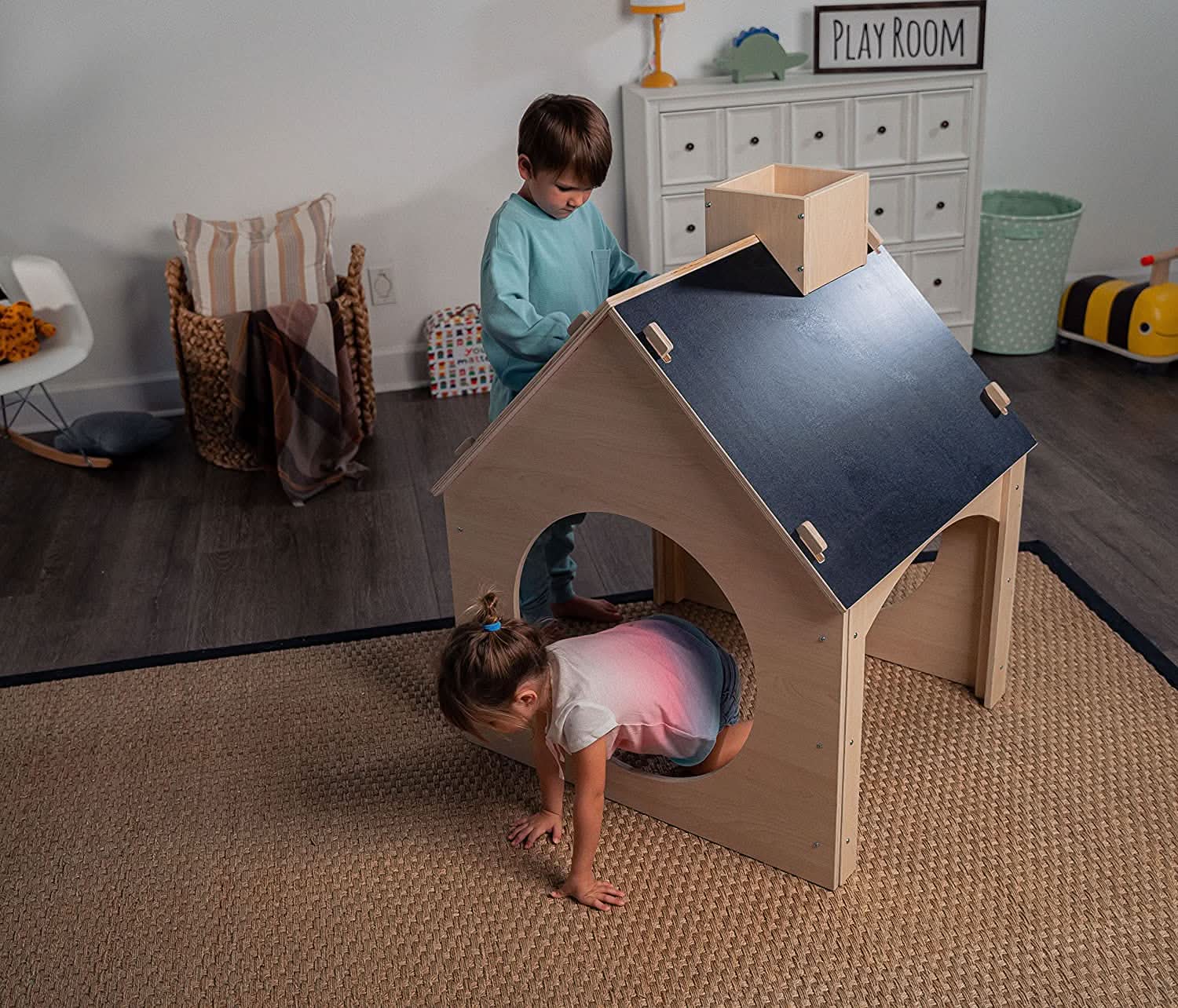 Evergreen wooden playhouse with chalkboard roof - The Nurturing Nook