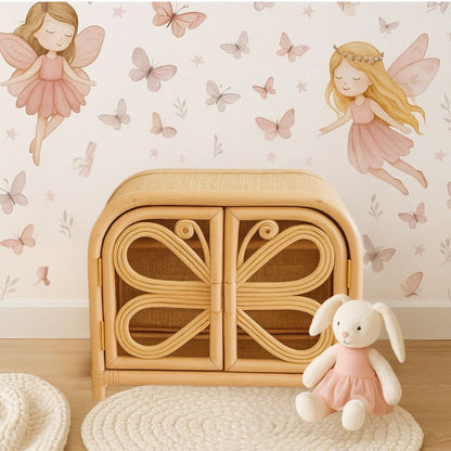 Rattan Doll Clothes Wardrobe | Boho Butterfly Dresser for Kids | Eco-Friendly Nursery Decor