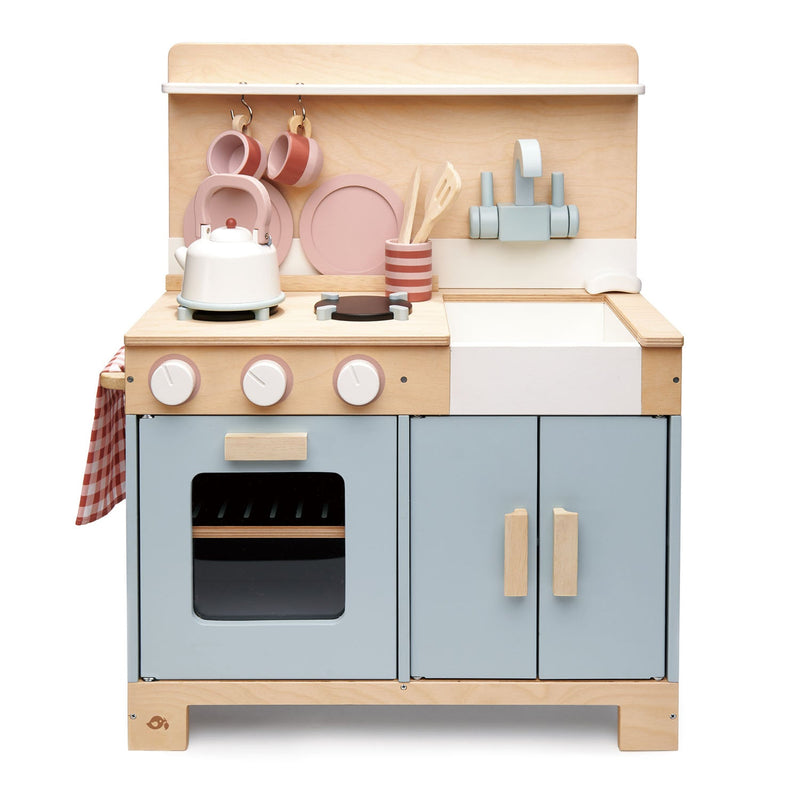 Stylish wooden home kitchen pretend playset with accessories