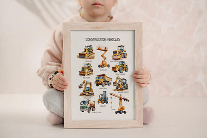 Construction Vehicles Poster - Educational Trucks Wall Art for Toddler Playroom, Montessori Classroom & Nursery | Digital Download