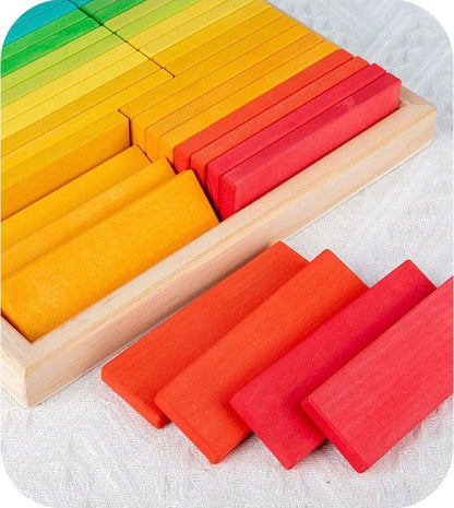 **Pre-order (Ships in 2-3 weeks)** 64 Pcs STAINED Large Wooden Rainbow Building Slats with Storage Tray