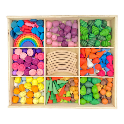 **Pre-order (Ships in 2-3 weeks)** NEW 252 Pcs Mandala Loose Parts with Mini Rainbow and Mini Natural Wooden Building Blocks Play Set
