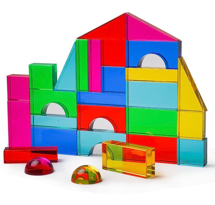 **Pre-order (Ships in 2-3 Weeks)**28 Pcs Rainbow Translucent Acrylic Sensory Building Blocks with Storage Tray