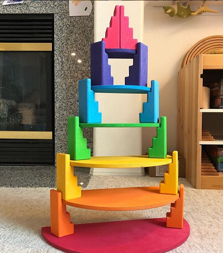 **Pre-order (Ships in 2-3 Weeks)** 12 Pcs STAINED Stepped Roofs Building Blocks in Primary Rainbow Colors