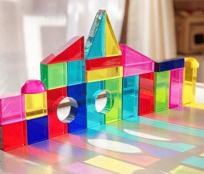 **Pre-order (Ships in 2-3 Weeks)**28 Pcs Rainbow Translucent Acrylic Sensory Building Blocks with Storage Tray