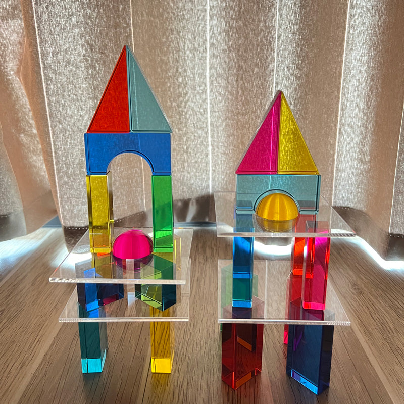 **Pre-order (Ships in 2-3 Weeks)**28 Pcs Rainbow Translucent Acrylic Sensory Building Blocks with Storage Tray