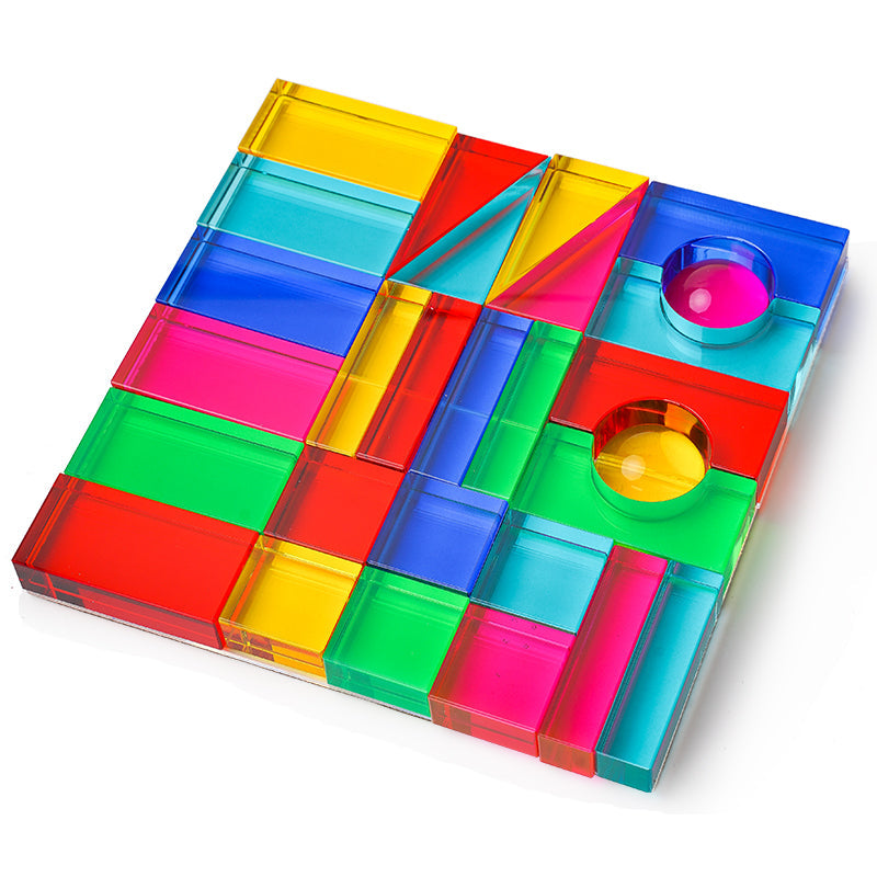**Pre-order (Ships in 2-3 Weeks)**28 Pcs Rainbow Translucent Acrylic Sensory Building Blocks with Storage Tray
