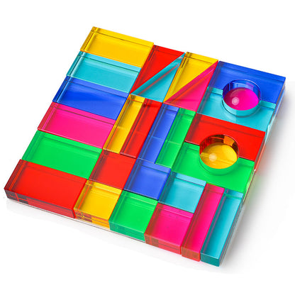 **Pre-order (Ships in 2-3 Weeks)**28 Pcs Rainbow Translucent Acrylic Sensory Building Blocks with Storage Tray