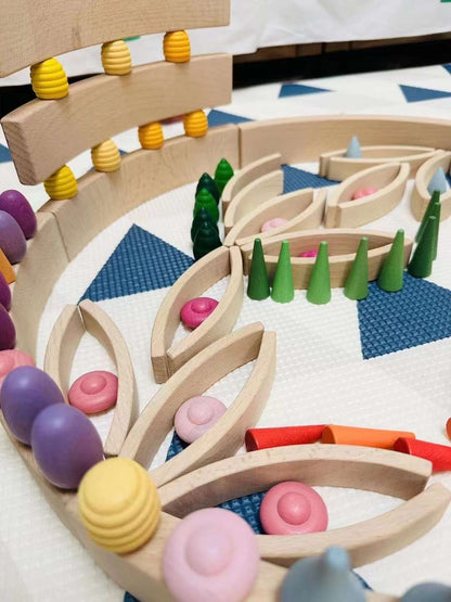**Pre-order (Ships in 2-3 Weeks)** 42 Pcs Combination Set with 12 Large and 30 Mini Curved Natural Wooden Building Blocks