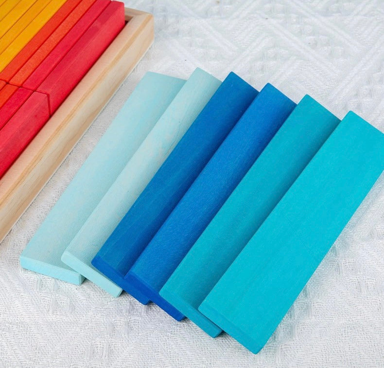 **Pre-order (Ships in 2-3 weeks)** 64 Pcs STAINED Large Wooden Rainbow Building Slats with Storage Tray