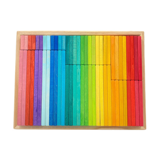 **Pre-order (Ships in 2-3 weeks)** 64 Pcs STAINED Large Wooden Rainbow Building Slats with Storage Tray