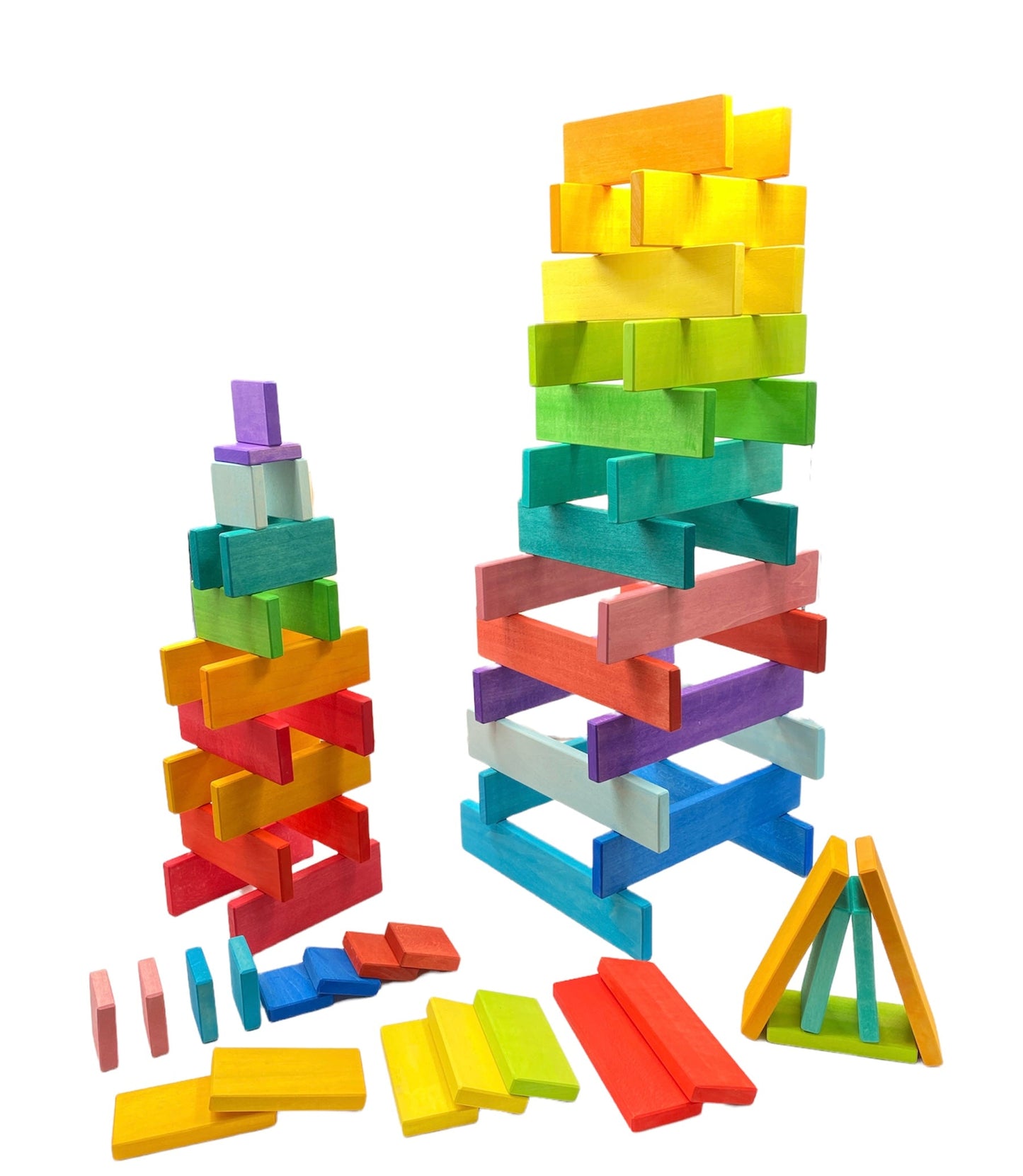 **Pre-order (Ships in 2-3 weeks)** 64 Pcs STAINED Large Wooden Rainbow Building Slats with Storage Tray