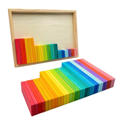 **Pre-order (Ships in 2-3 weeks)** 64 Pcs STAINED Large Wooden Rainbow Building Slats with Storage Tray