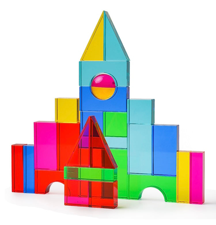 **Pre-order (Ships in 2-3 Weeks)**28 Pcs Rainbow Translucent Acrylic Sensory Building Blocks with Storage Tray