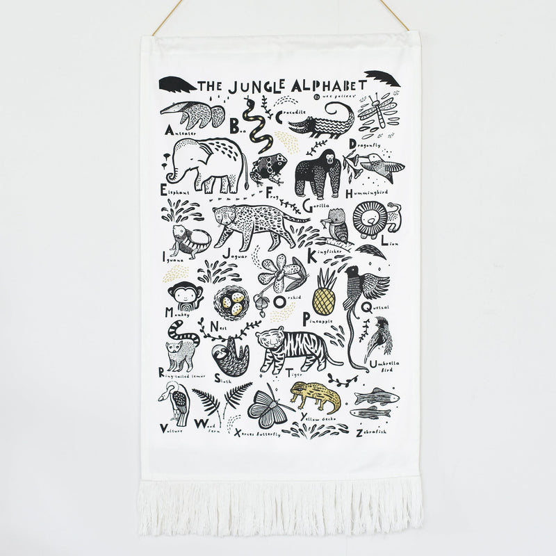 Jungle alphabet wall tapestry – organic cotton nursery art