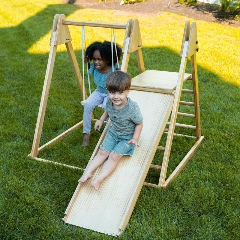 4-in-1 wooden indoor - outdoor playset with swings and slide