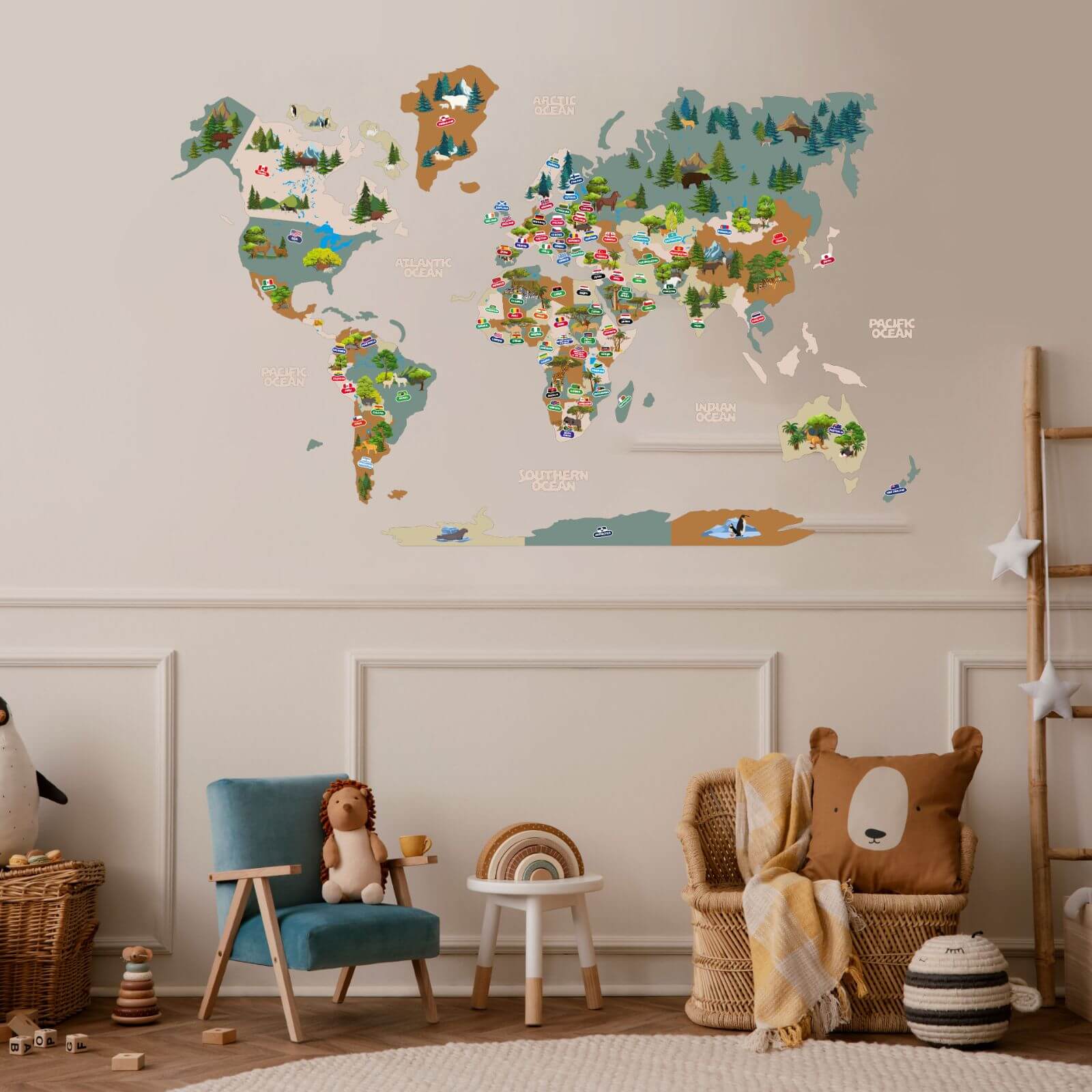 Kids World Map Khaki