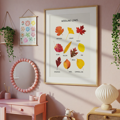 Woodland Leaves Educational Poster | Nature Wall Art for Kids | Fall Learning Print for Playroom, Nursery & Classroom Decor