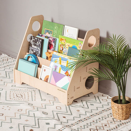 Montessori bookshelf – 5 - shelf front - facing bookcase - The Nurturing Nook