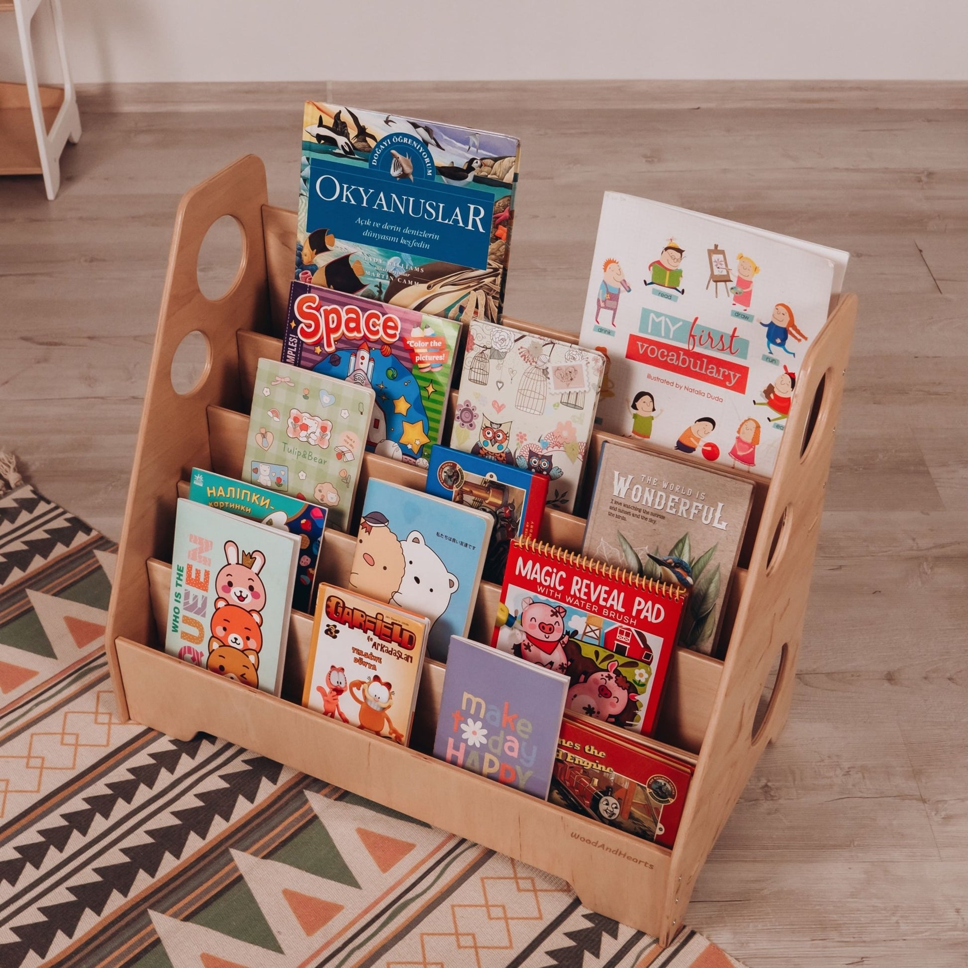 Montessori bookshelf – 5 - shelf front - facing bookcase - The Nurturing Nook