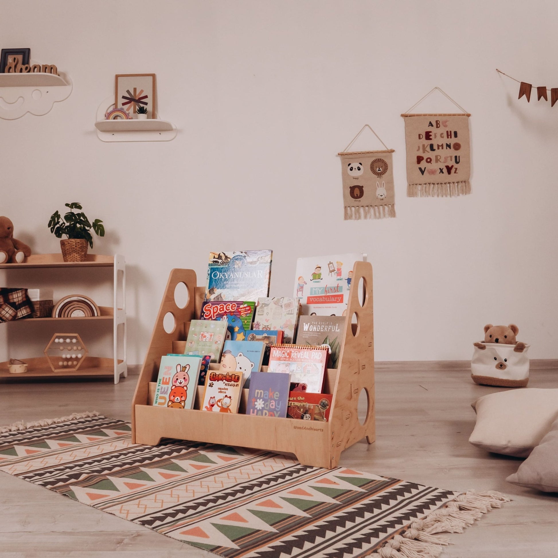 Montessori bookshelf – 5 - shelf front - facing bookcase - The Nurturing Nook
