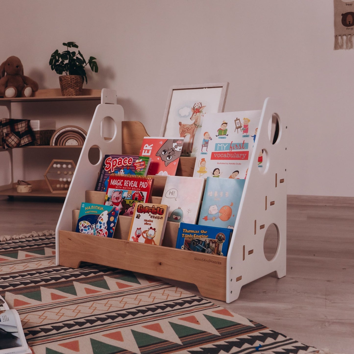 Montessori bookshelf – 5 - shelf front - facing bookcase - The Nurturing Nook