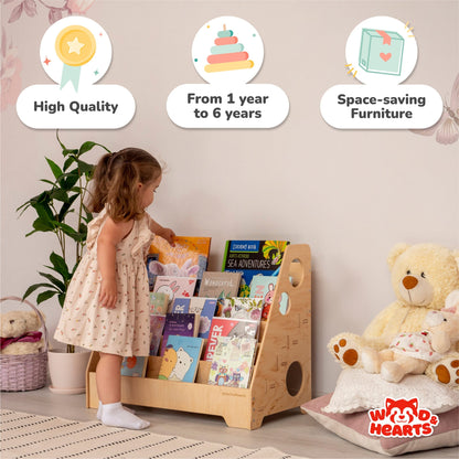 Montessori bookshelf – 5 - shelf front - facing bookcase - The Nurturing Nook