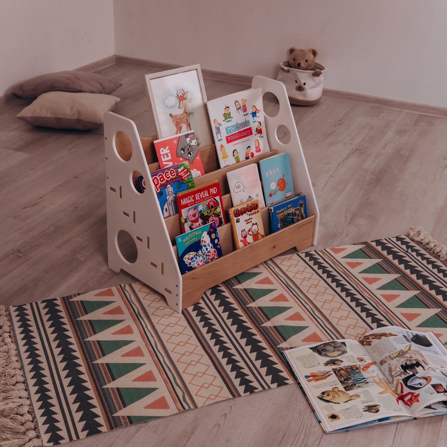 Montessori bookshelf – 5 - shelf front - facing bookcase - The Nurturing Nook