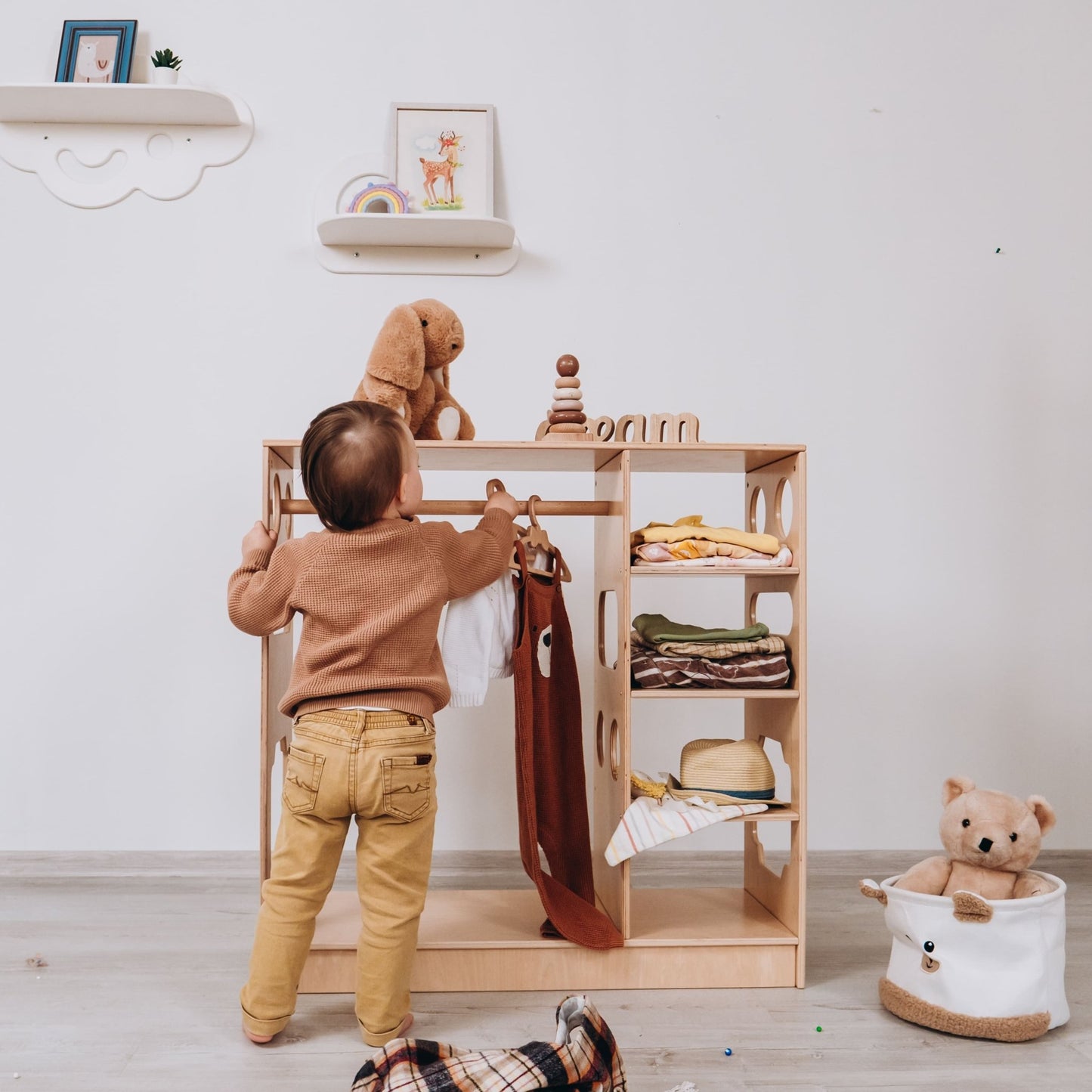 Montessori closet – 4 - shelf kids wardrobe with clothing rack - The Nurturing Nook