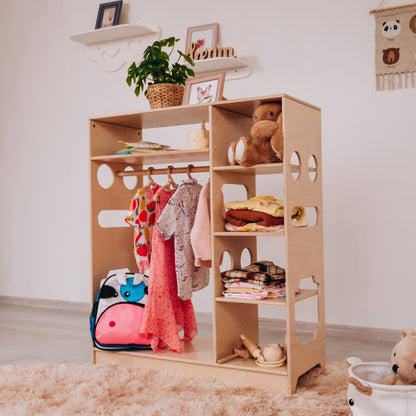 Montessori closet – 4 - shelf kids wardrobe with clothing rack - The Nurturing Nook