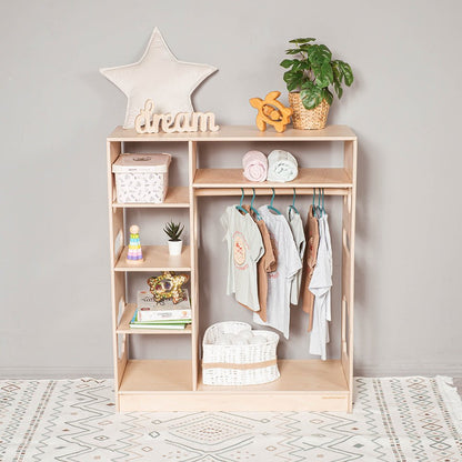Montessori closet – 4 - shelf kids wardrobe with clothing rack - The Nurturing Nook