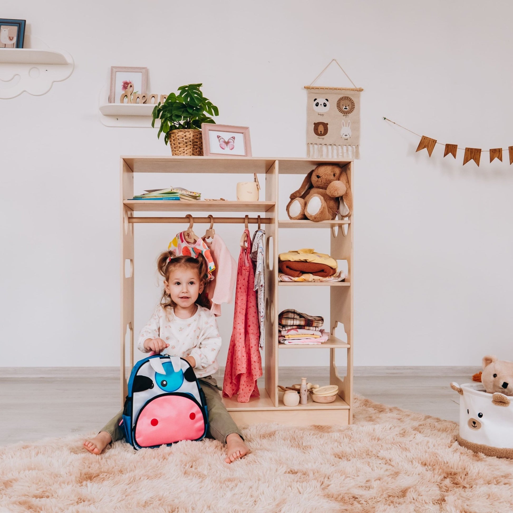 Montessori closet – 4 - shelf kids wardrobe with clothing rack - The Nurturing Nook