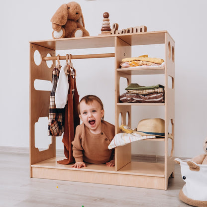 Montessori closet – 4 - shelf kids wardrobe with clothing rack - The Nurturing Nook