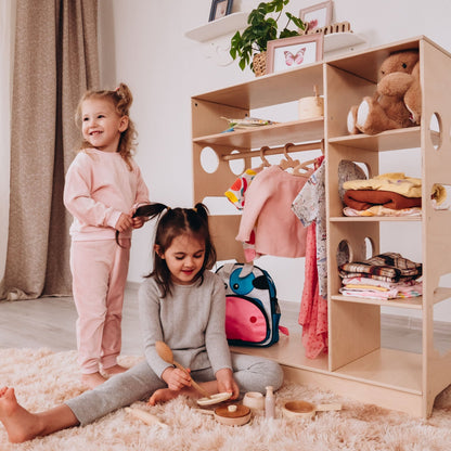 Montessori closet – 4 - shelf kids wardrobe with clothing rack - The Nurturing Nook
