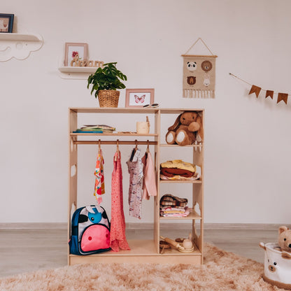 Montessori closet – 4 - shelf kids wardrobe with clothing rack - The Nurturing Nook