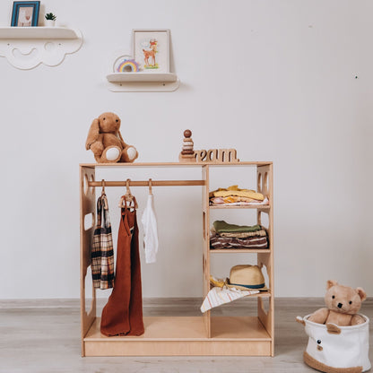 Montessori closet – 4 - shelf kids wardrobe with clothing rack - The Nurturing Nook