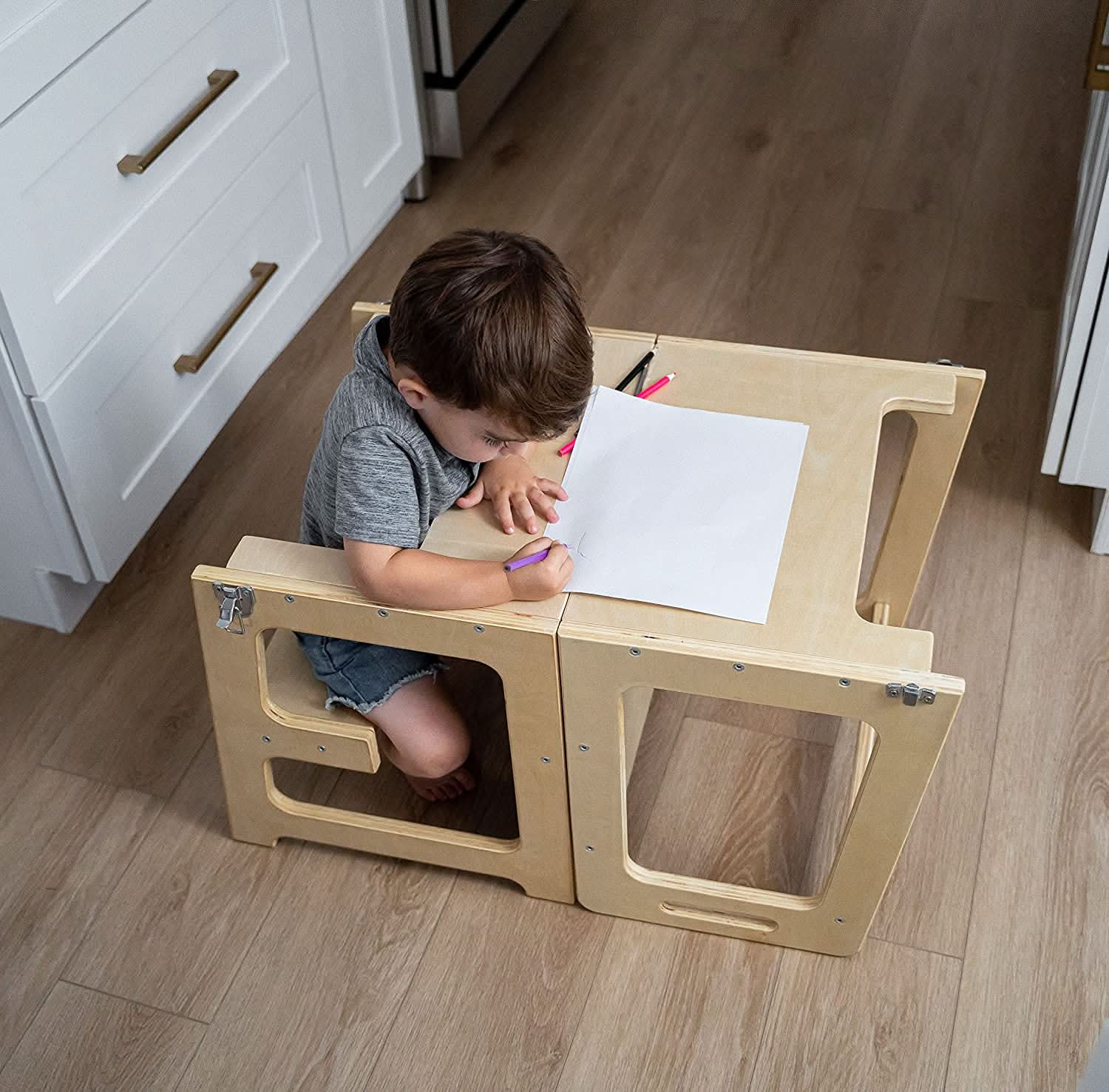 Montessori kitchen step stool desk with chalkboard & tower - The Nurturing Nook