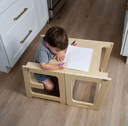 Montessori kitchen step stool desk with chalkboard & tower - The Nurturing Nook