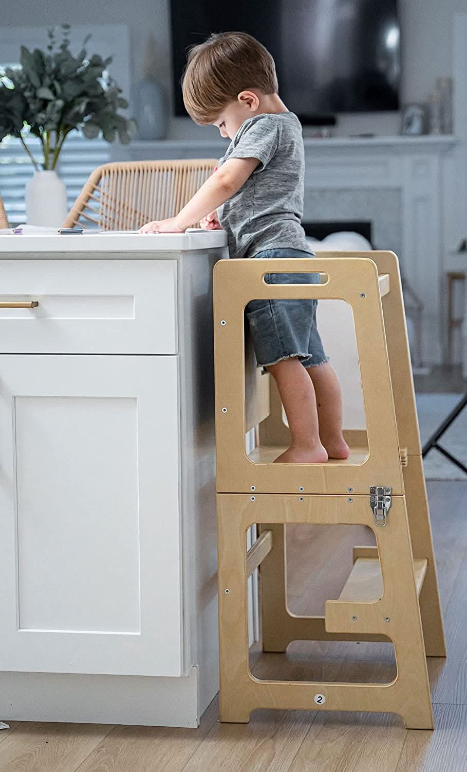 Montessori kitchen step stool desk with chalkboard & tower - The Nurturing Nook