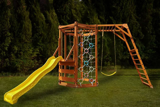 Avenlur Hawthorn XL Wooden Outdoor Playset – Slide, Swing, Climbing Wall & Monkey Bars | Backyard Playground Set for Kids