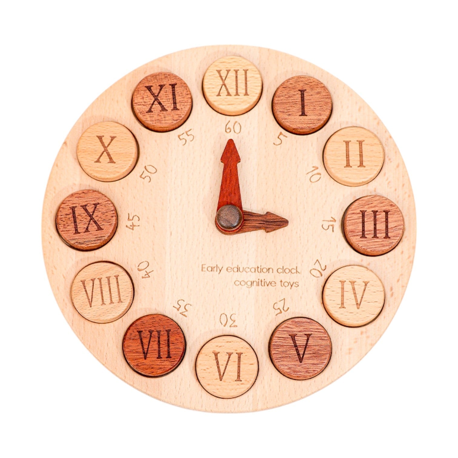 **Pre - order (Ships in 2 - 3 Weeks)**Wooden Cognitive Learning Clock – Dual - Sided Time Recognition Toy with Roman and Arabic Numerals - The Nurturing Nook