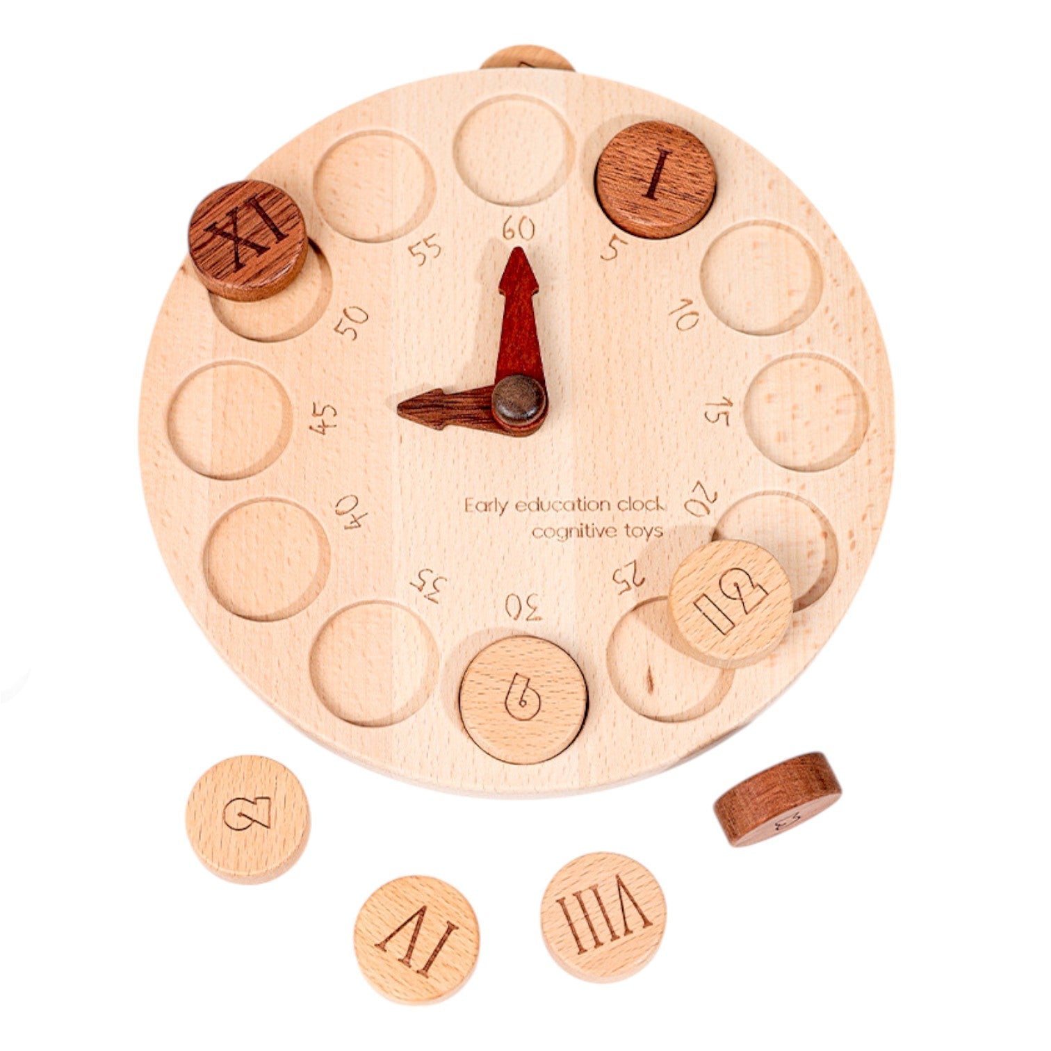 **Pre - order (Ships in 2 - 3 Weeks)**Wooden Cognitive Learning Clock – Dual - Sided Time Recognition Toy with Roman and Arabic Numerals - The Nurturing Nook