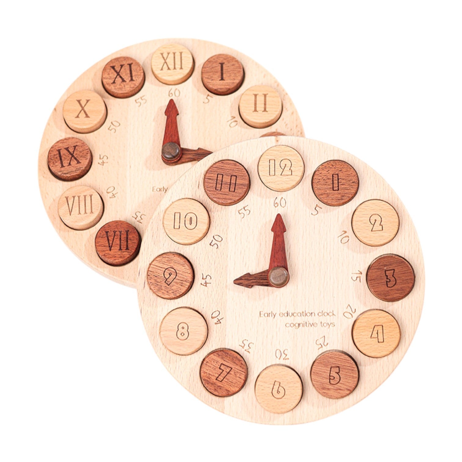 **Pre - order (Ships in 2 - 3 Weeks)**Wooden Cognitive Learning Clock – Dual - Sided Time Recognition Toy with Roman and Arabic Numerals - The Nurturing Nook